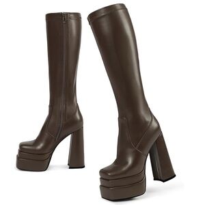 WET KISS • Brown Platform Knee High Boots Women Chunky Heel Includes Box